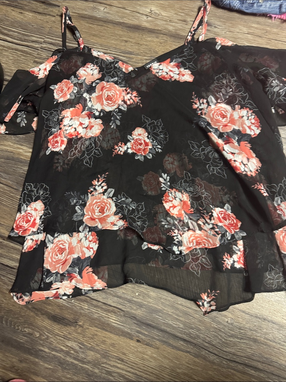 Black Floral Cold-Shoulder Cami Top with Coral Roses - Women